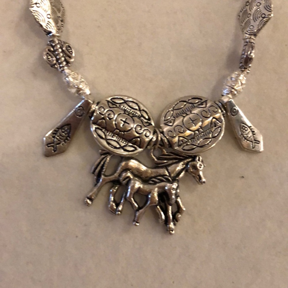 Horse and colt Tibetan silver beaded necklace.